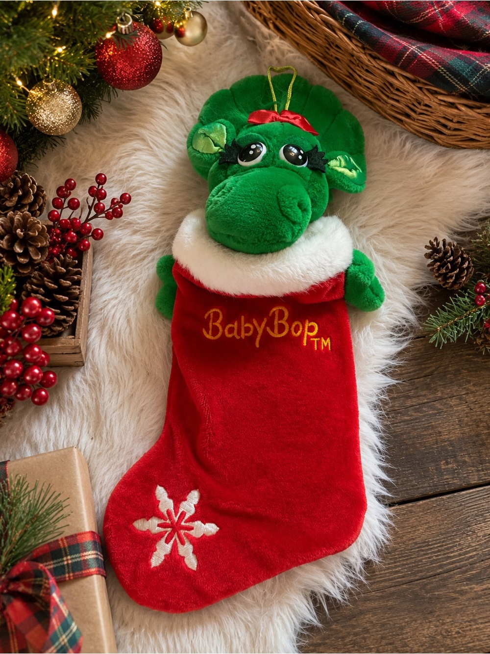 BabyBop Embroidered Plush Holiday Stocking - Bright Red & Yellow
